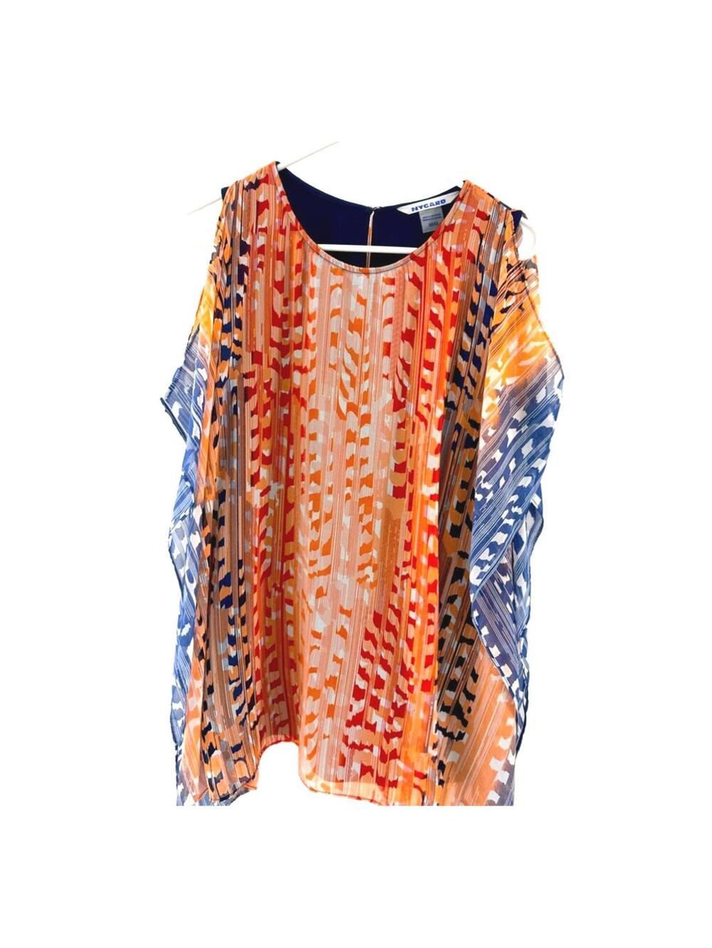 Orange Abstract Print Sheer Cold Shoulder Poncho Blouse Top M Boho Vacation